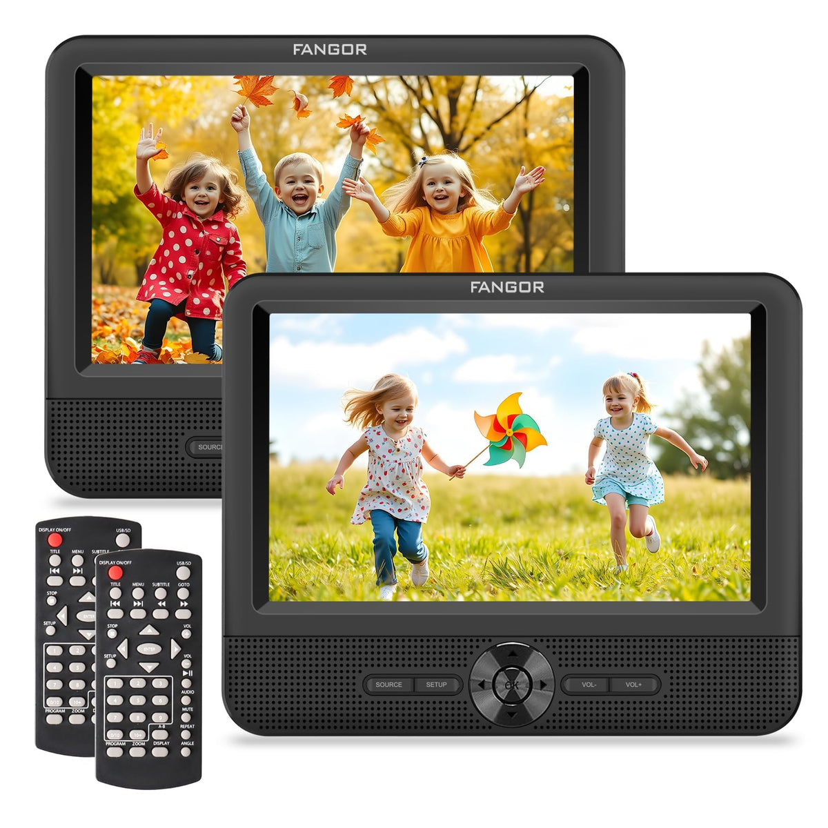 FANGOR dual-screen 7.5-inch front view for rear-seat entertainment on road trips