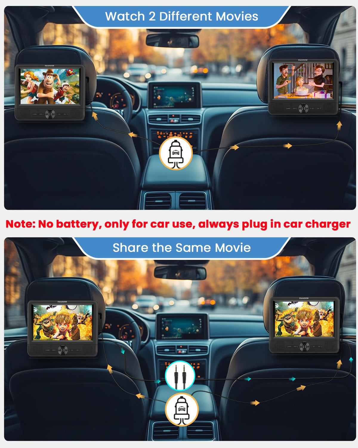 FANGOR dual-screen in-car setup showing two-screen versatility for kids