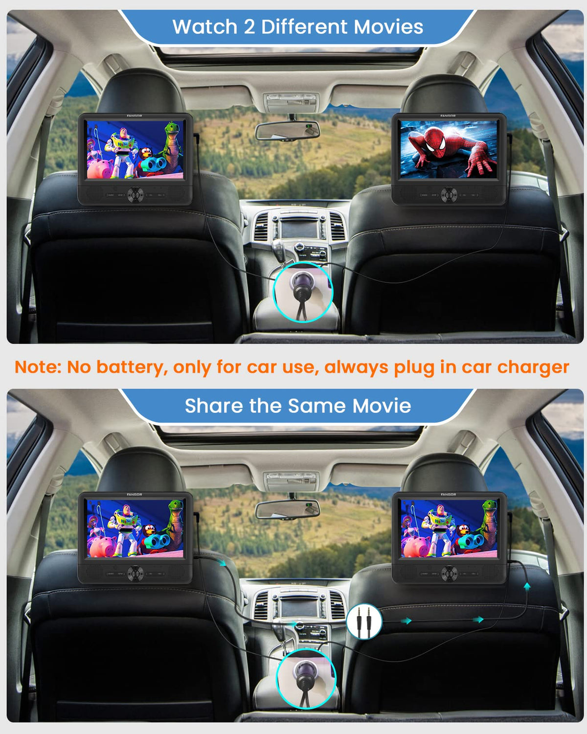 FANGOR headrest straps for quick, secure backseat installation