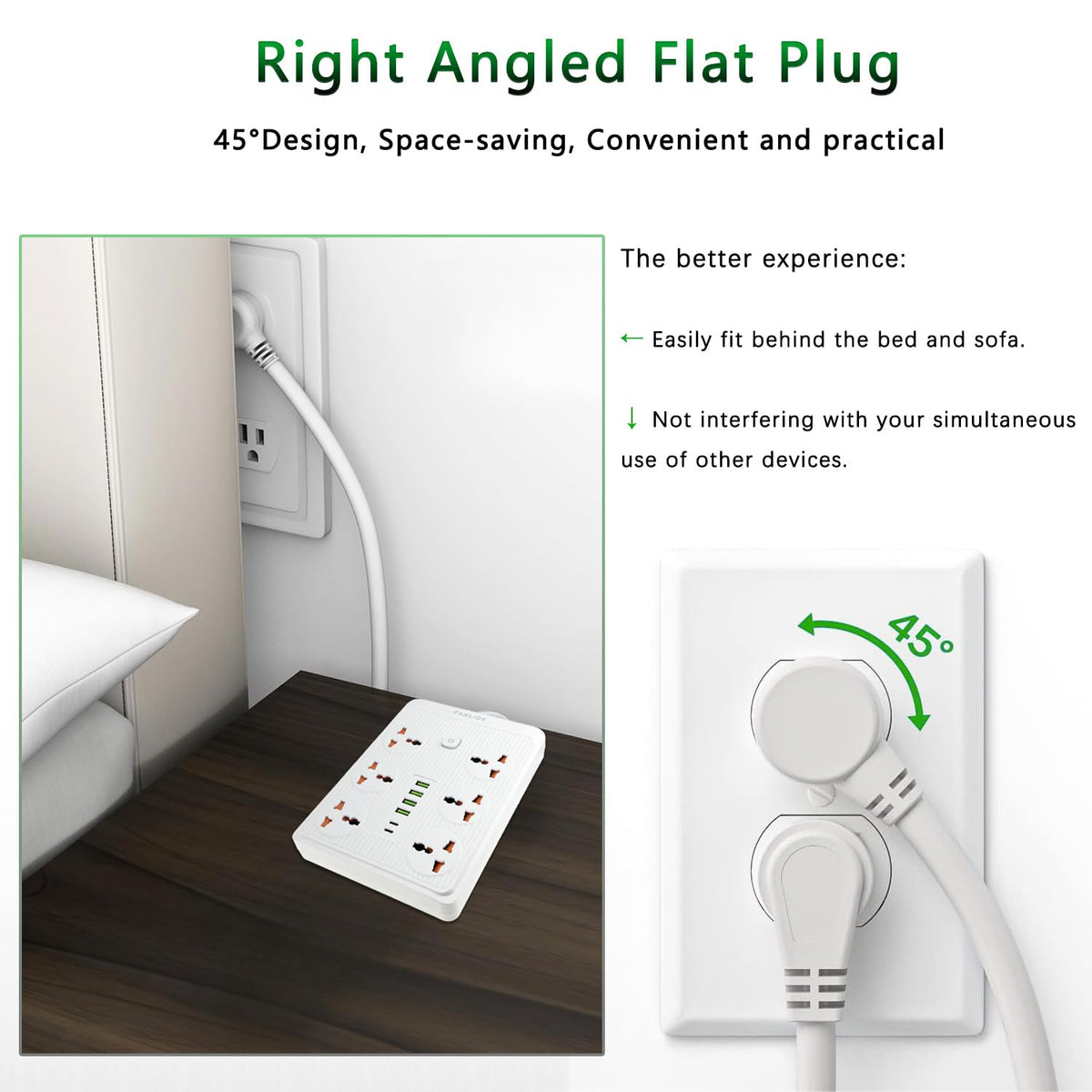 FANLIDE power strip showing its 10ft cord for flexible reach around a room.