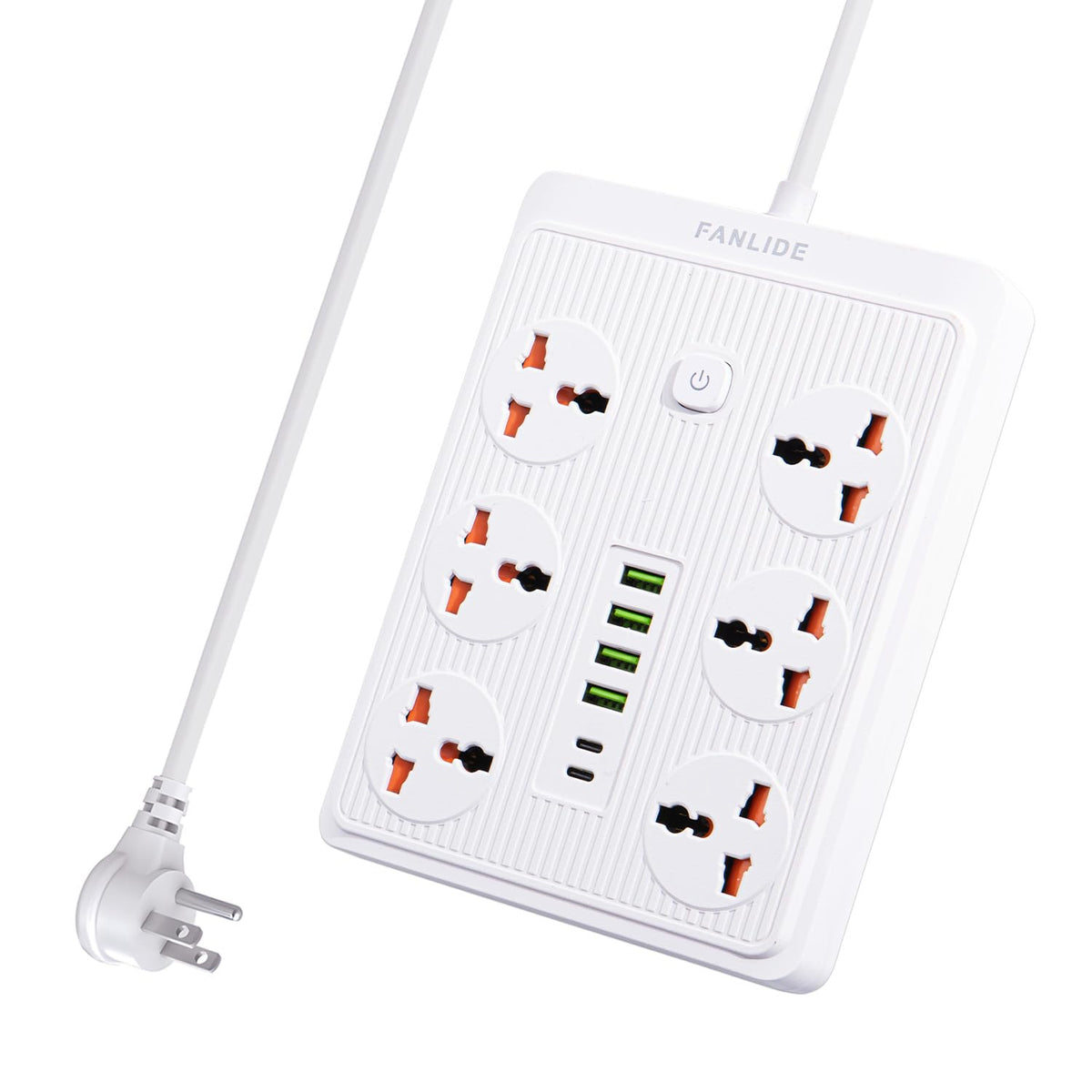 FANLIDE power strip with 45-degree plug designed for tight spaces and organized desks.