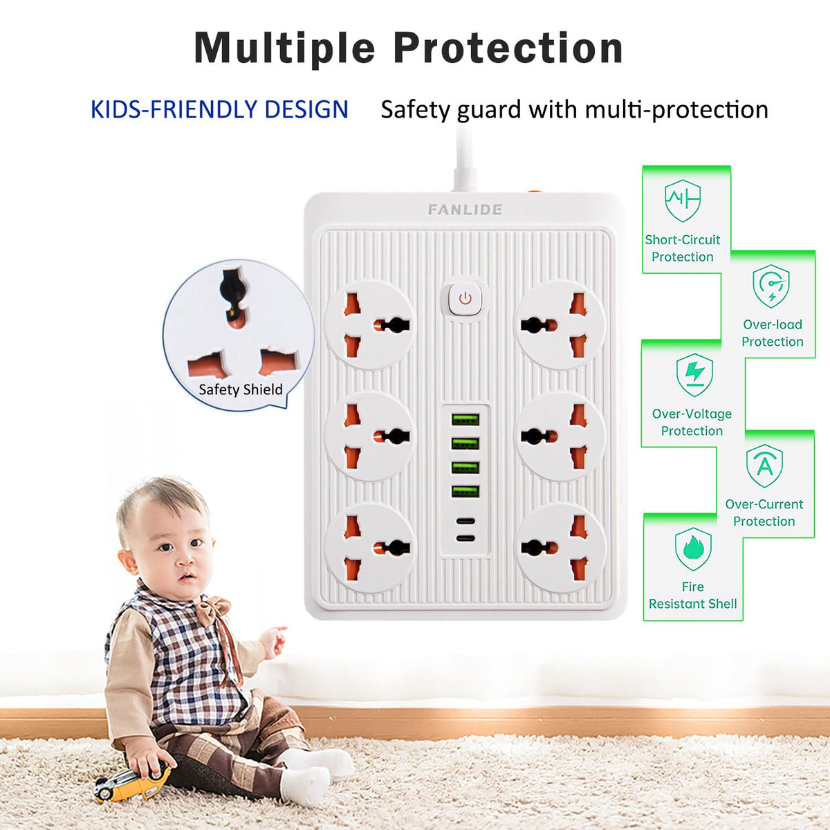 FANLIDE power strip powering multiple devices at once with safety focus.