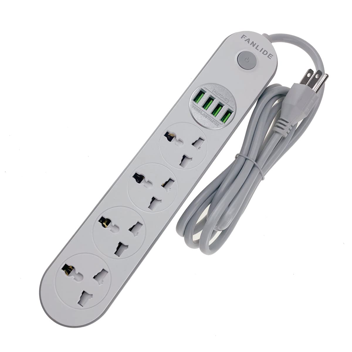FANLIDE universal power strip with four outlets and USB ports for versatile charging