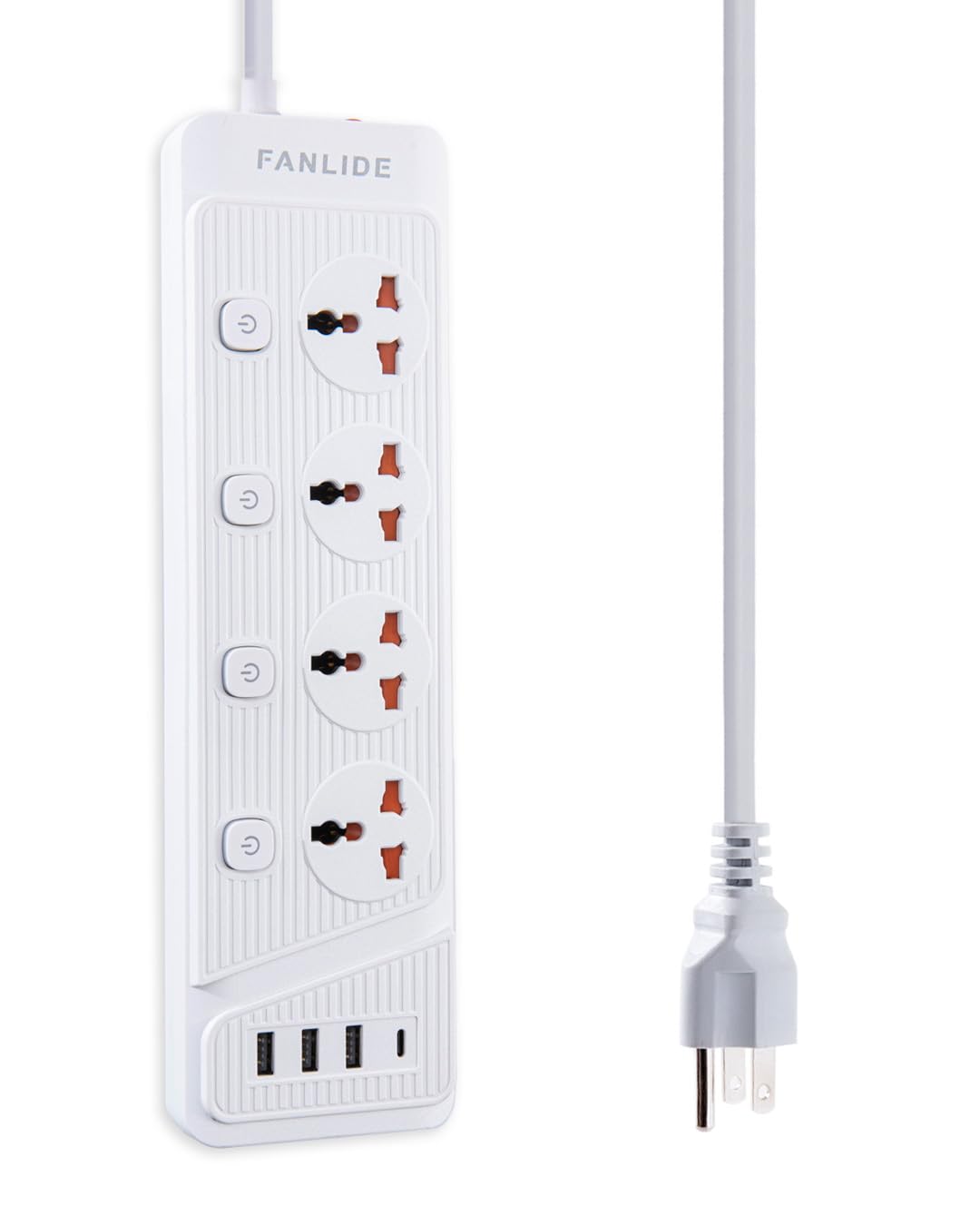 FANLIDE universal power strip with USB-C and four outlets for versatile charging on desks