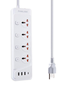 FANLIDE universal power strip with USB-C and four outlets for versatile charging on desks
