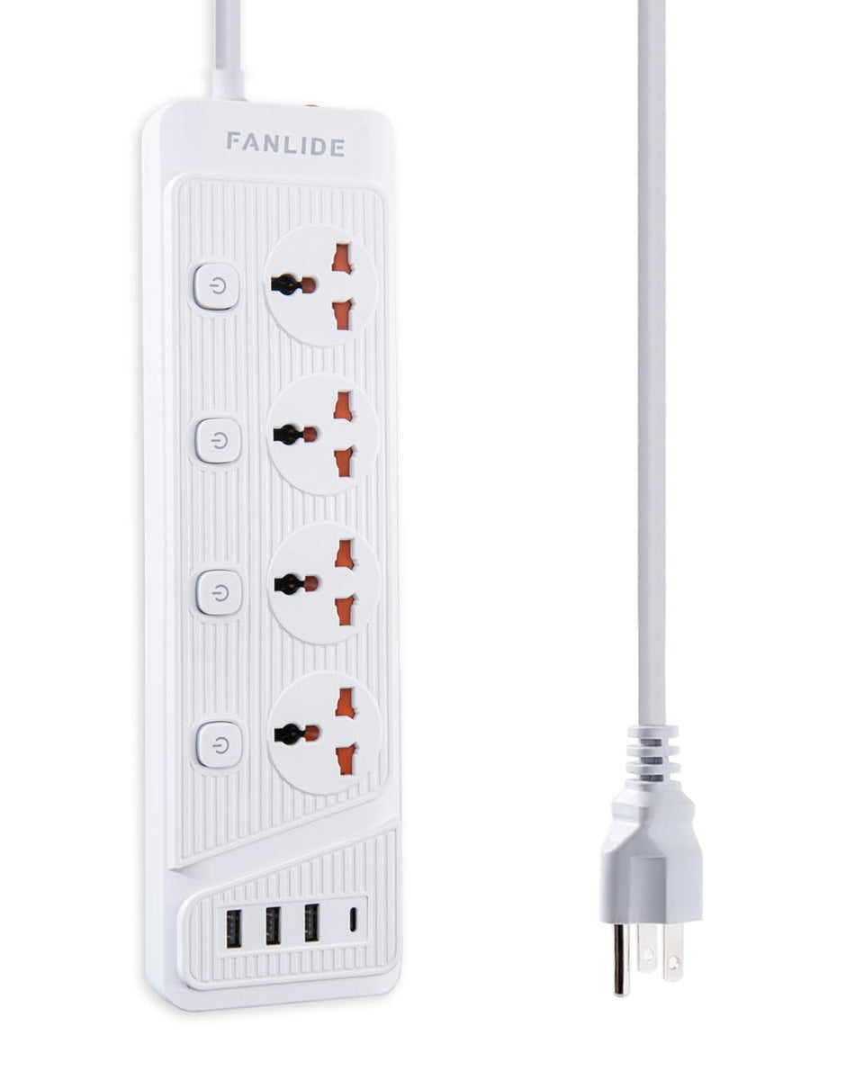 FANLIDE universal power strip with USB-C and four outlets for versatile charging on desks