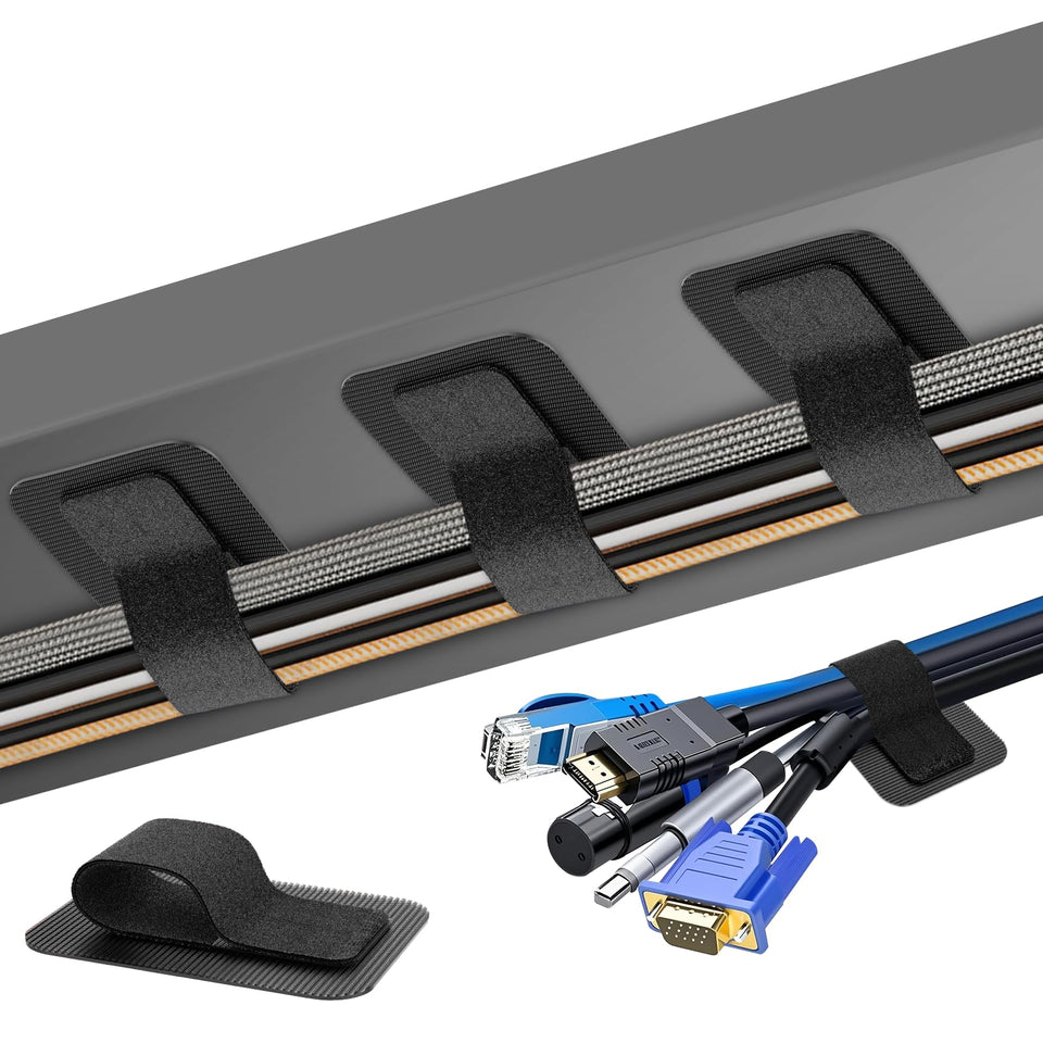 Fansto under-desk cable management setup keeps cords organized and tidy.