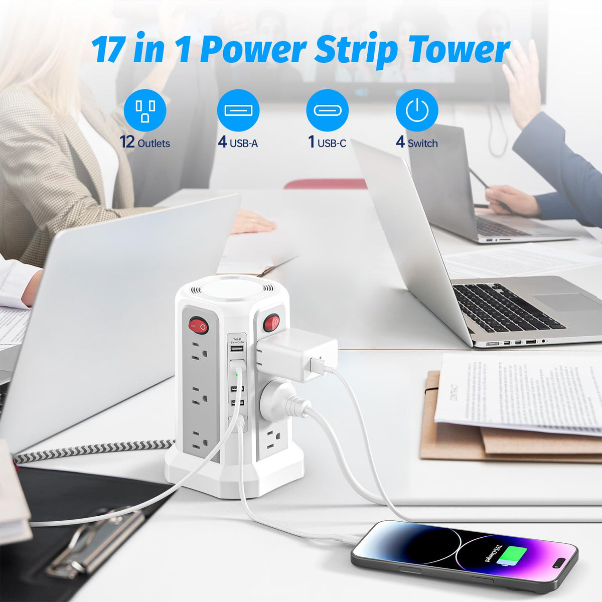 Fararaka tower with 12 outlets and 5 USB ports for organized charging.