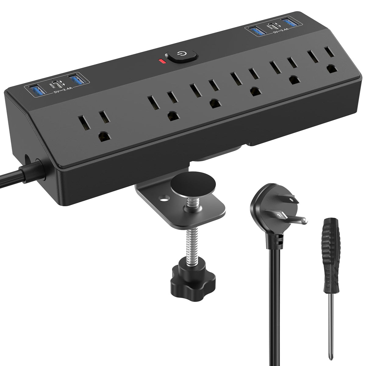 Fararaka desk clamp power strip front view showing 12 outlets for organized charging