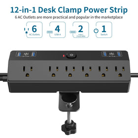 Fararaka desk clamp power strip side mount demonstrates compact edge placement for easy access