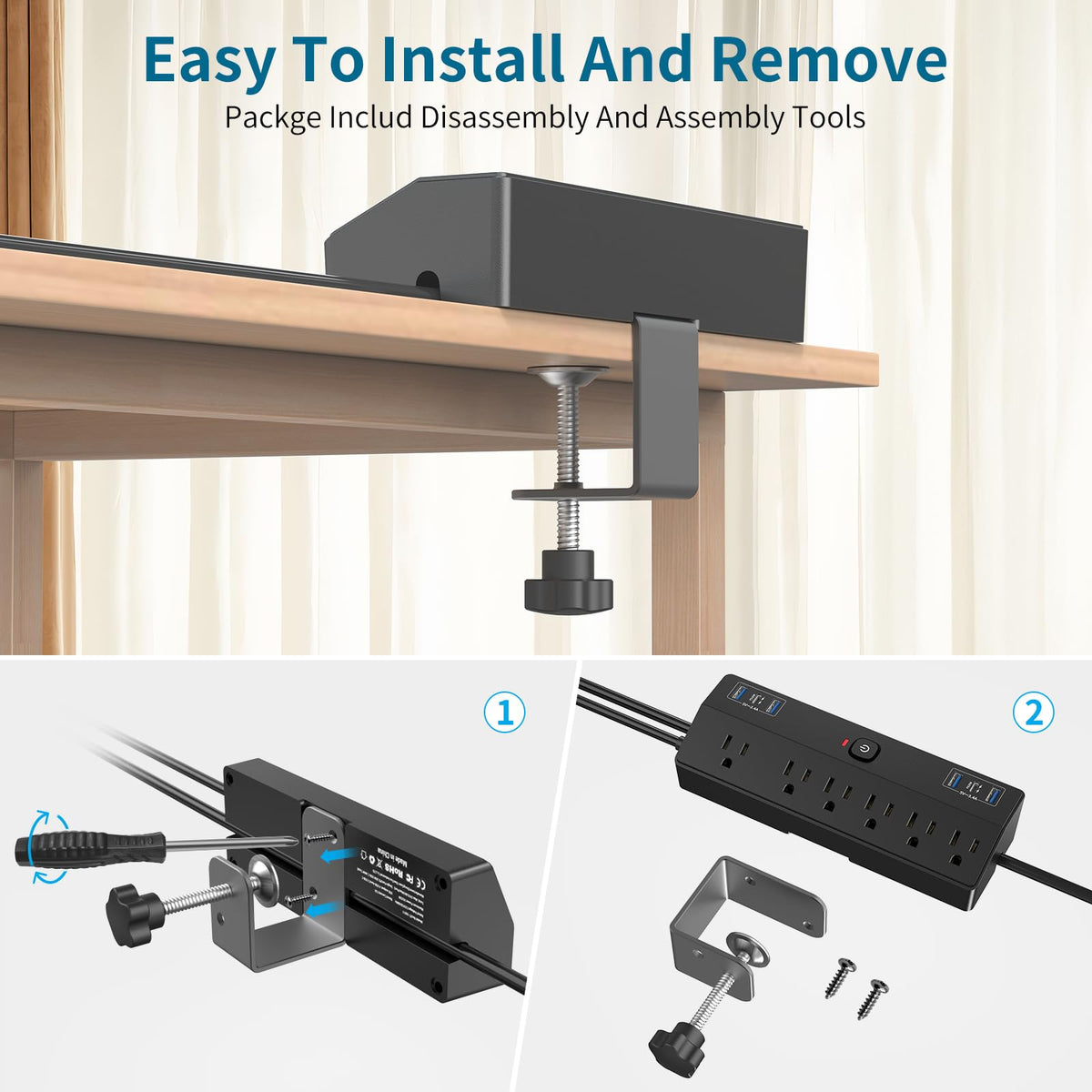 Fararaka desk clamp power strip surge protector with heat resistant housing and safety features