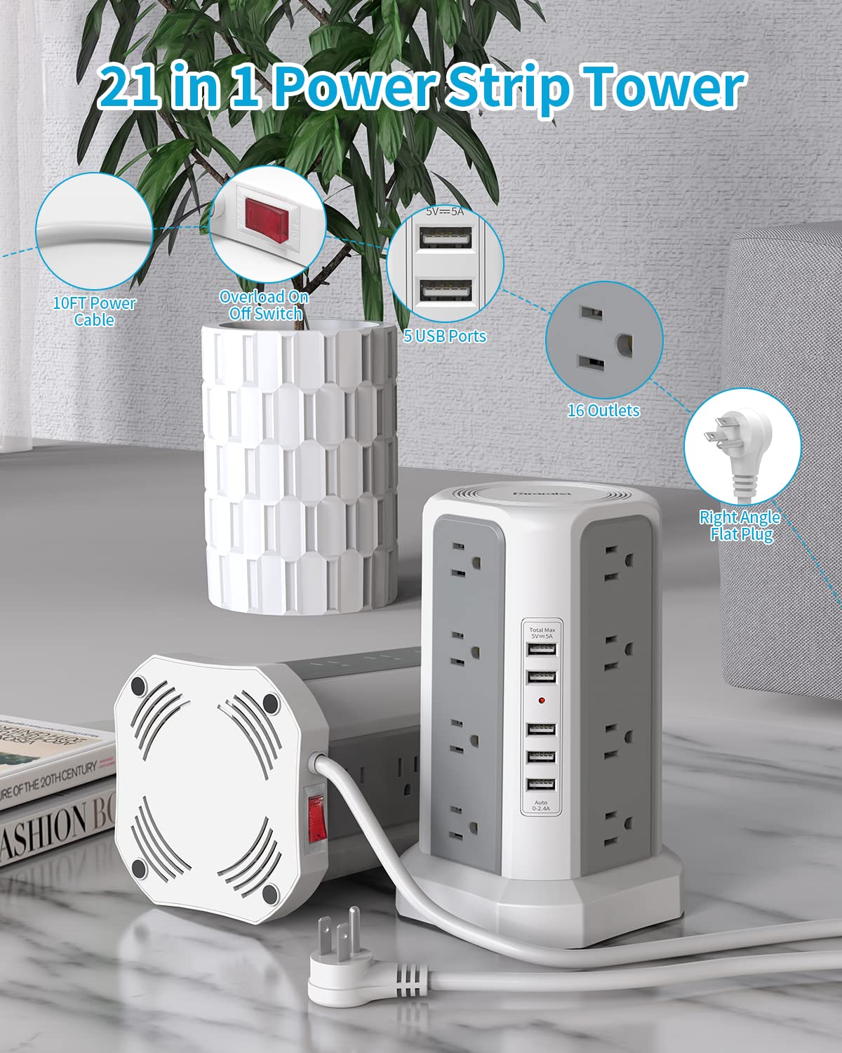 Fararaka power strip tower showing 10 ft extension cord for flexible placement.