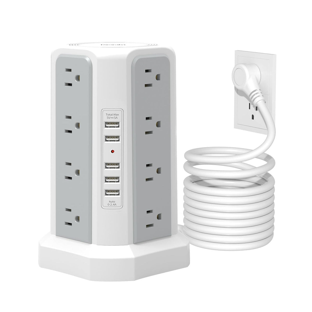Fararaka surge protector tower with 16 outlets and 5 USB ports for versatile home charging.