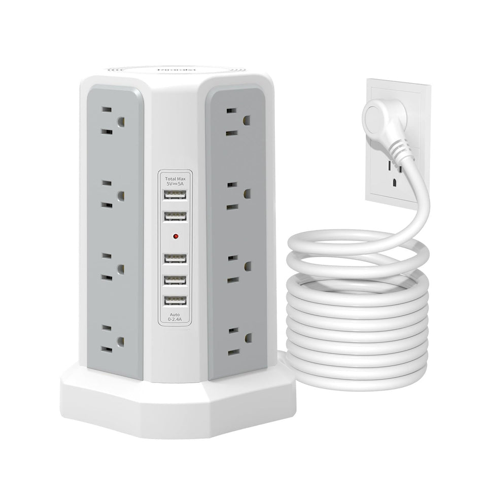Fararaka surge protector tower with 16 outlets and 5 USB ports for versatile home charging.