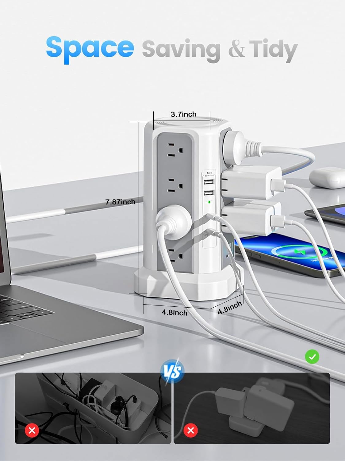 Fararaka surge protector tower on a tidy desk setup.