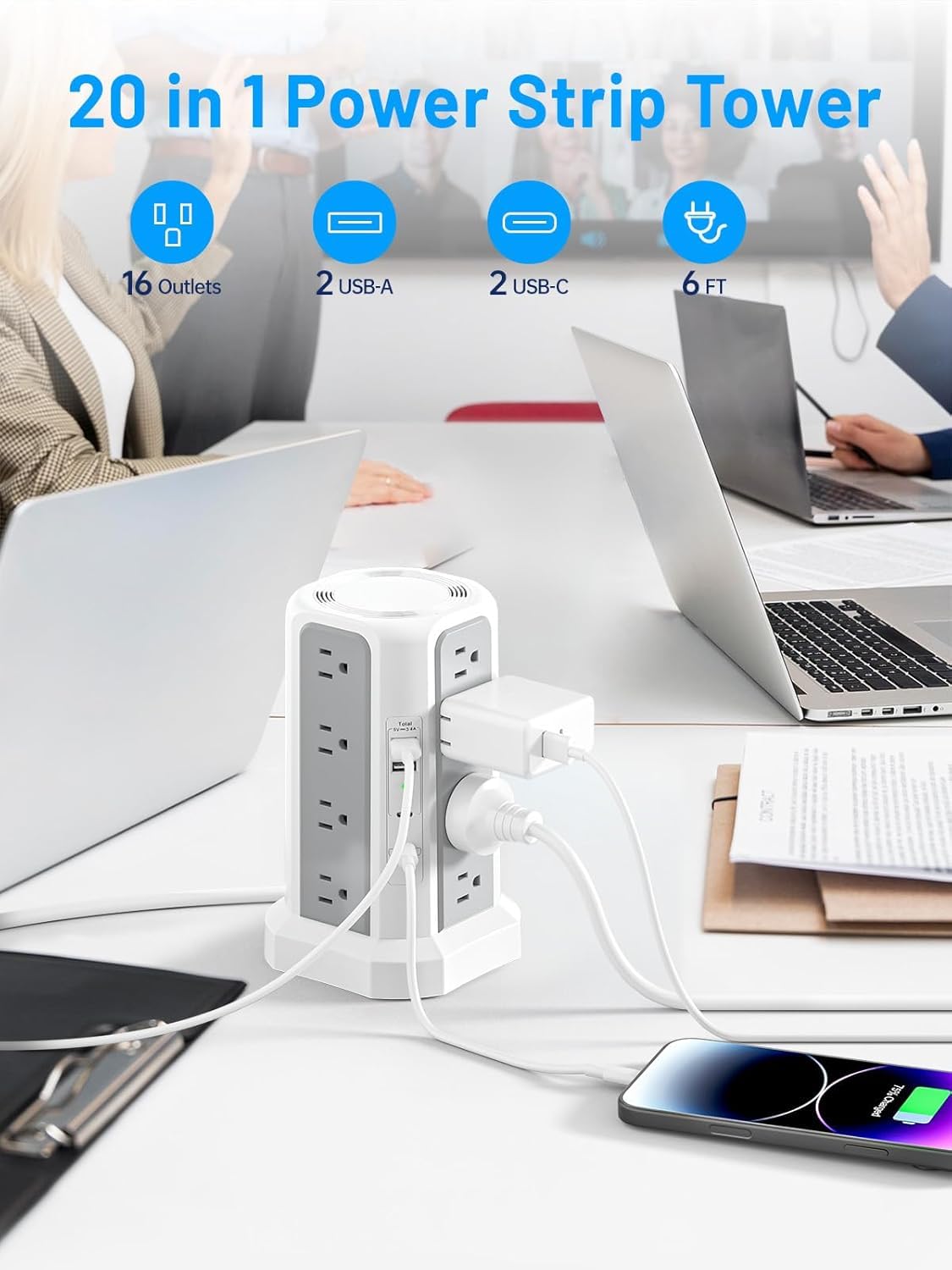 Fararaka surge protector tower front view showing USB ports and outlets.