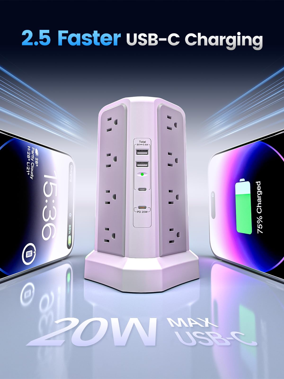 Fararaka surge protector tower side view highlighting the 6ft cord.