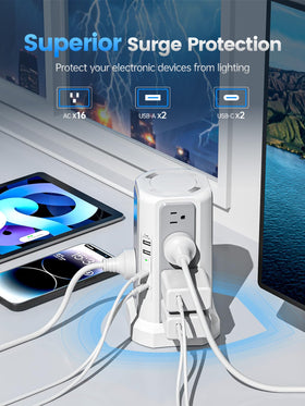 Fararaka surge protector tower USB ports detail with PD20W charging.
