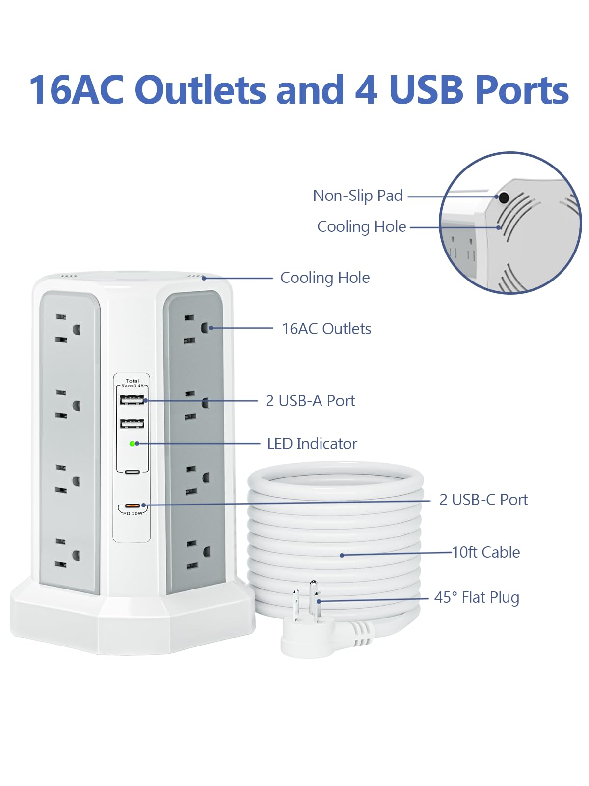 Fararaka surge tower has non-slip feet for stable use on a desk.