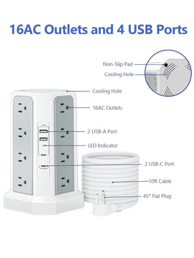 Fararaka surge tower has non-slip feet for stable use on a desk.