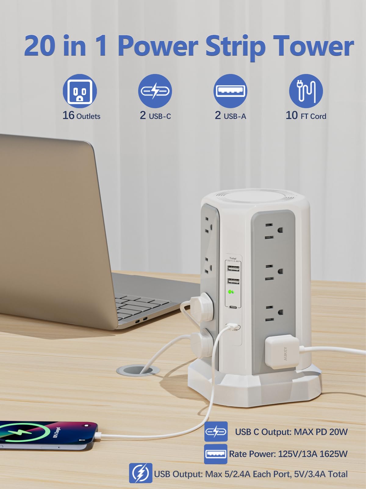 Fararaka surge tower's 4 USB ports power multiple devices efficiently.