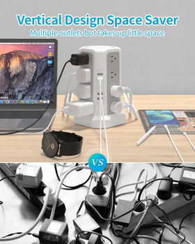 Tower design preserves floor space while keeping outlets within reach.