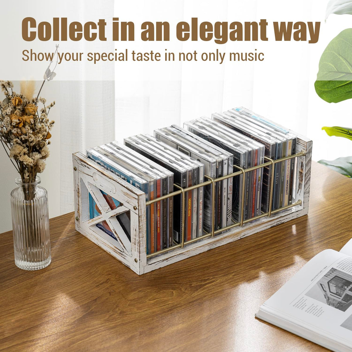 Farm In DVD Storage in washed white solid pine, adds rustic charm to any room.