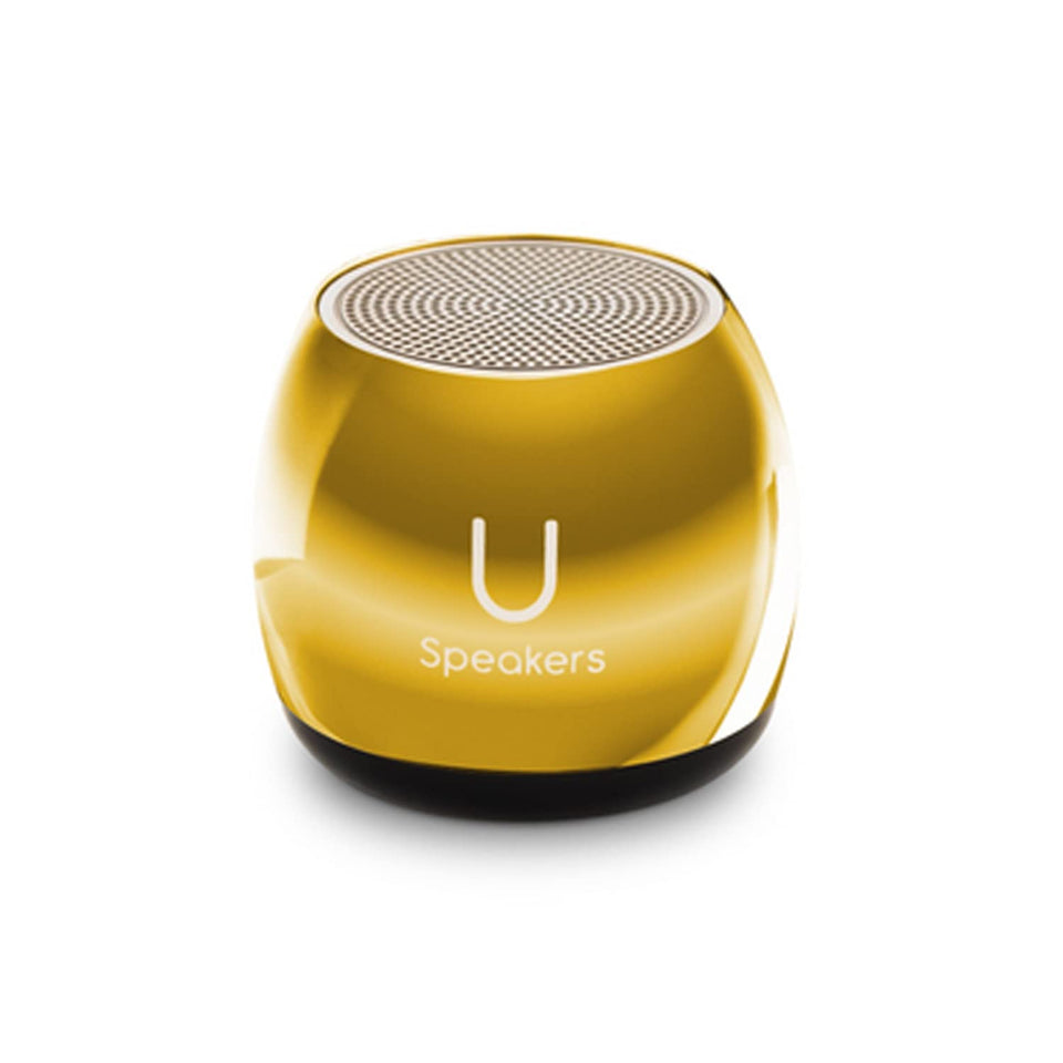 Fashionit U front view showing speaker grille and mirror-gold finish, stylish portable audio