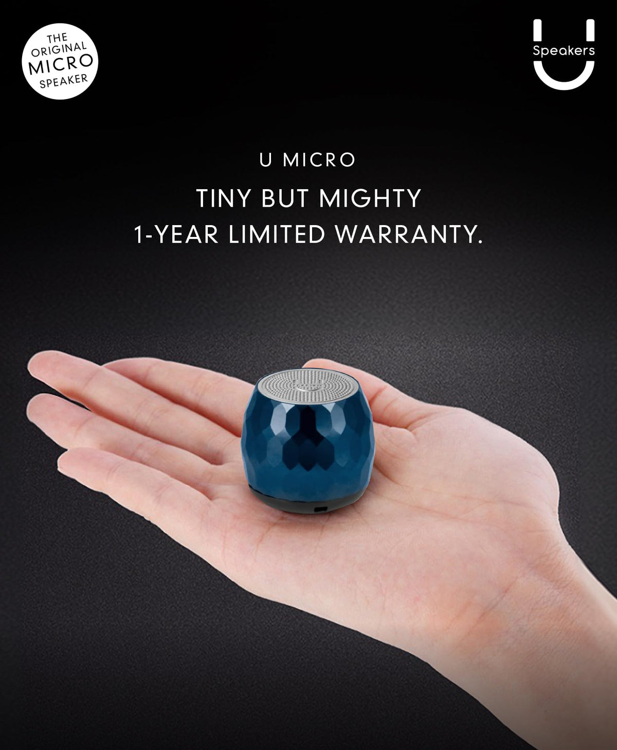 Fashionit micro speaker held in hand demonstrating pocketable size and travel convenience