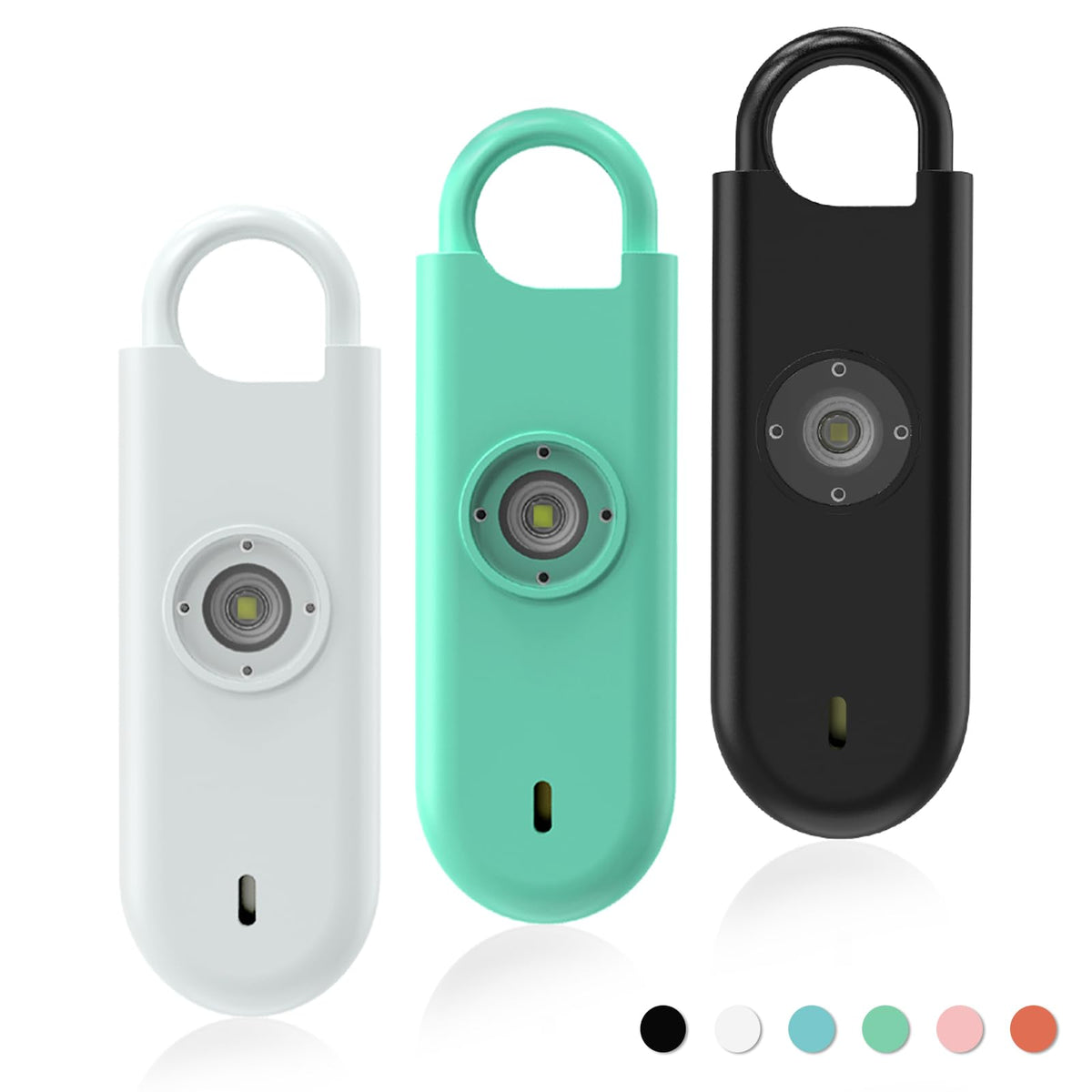 Fauxomor 140dB alarm front view with discreet safety keychain and strobe for quick awareness.