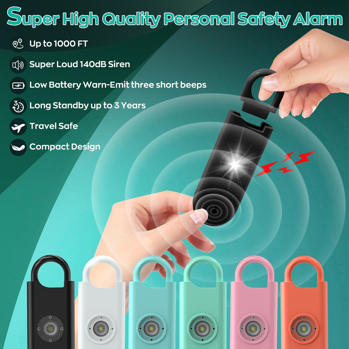 Fauxomor 140dB alarm keychain in black discreetly protects on the go.