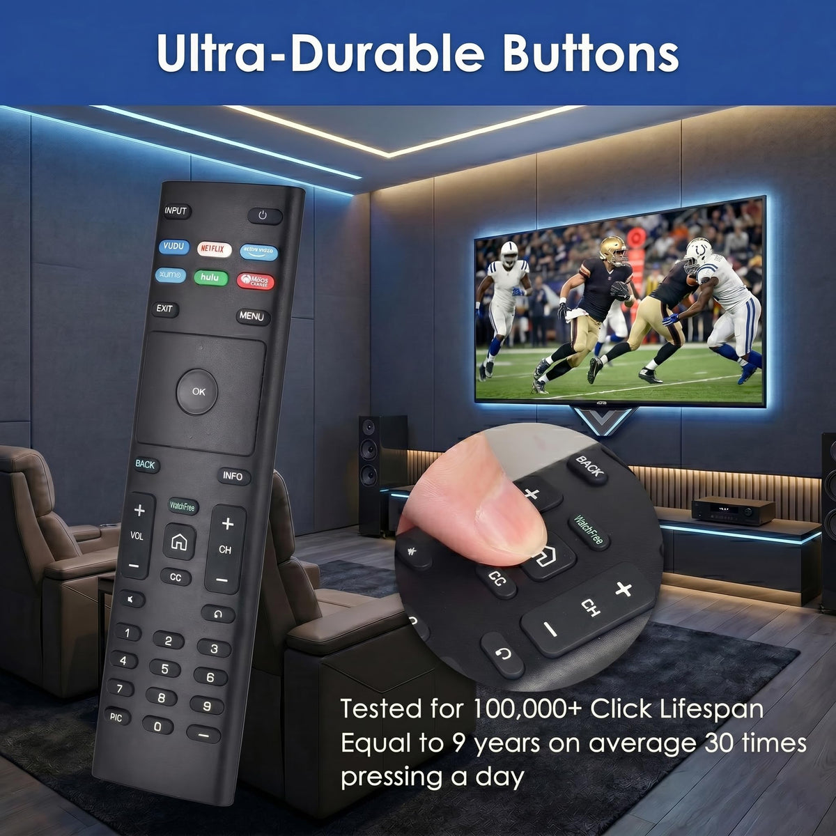 FAVLOV remote beside VIZIO TV showing direct compatibility