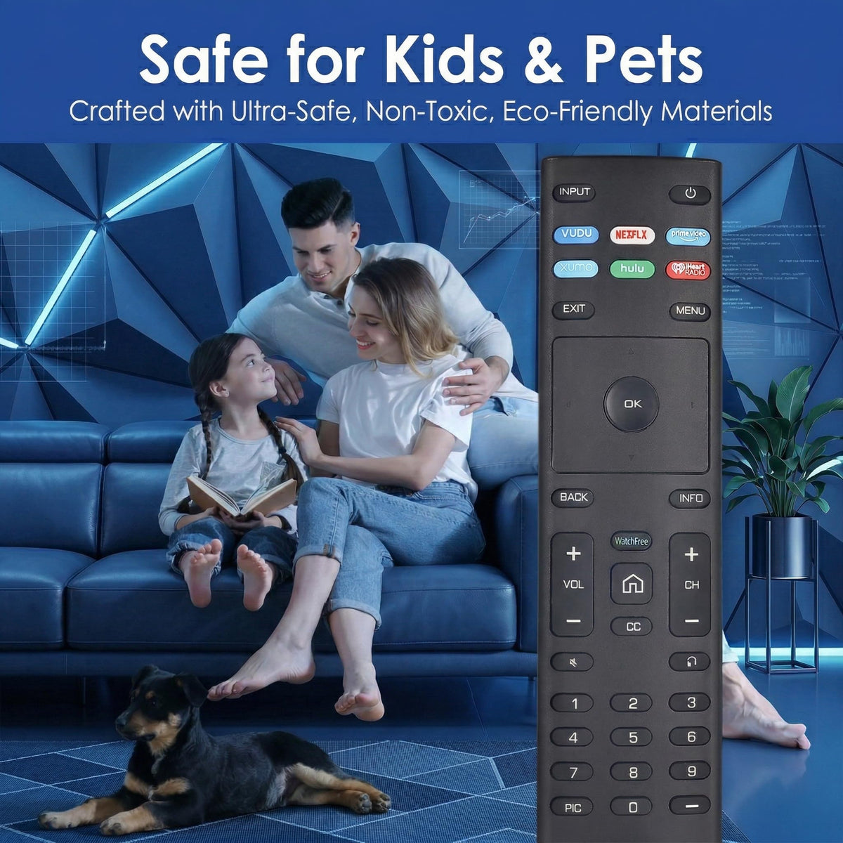 FAVLOV remote on couch showing everyday living room use