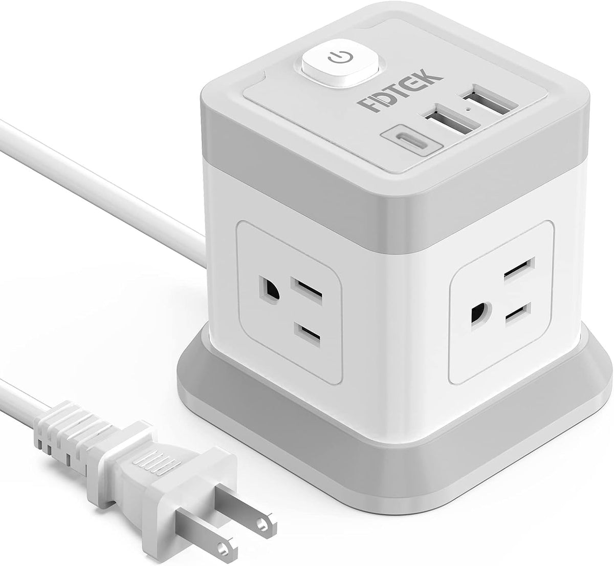 FDTEK 2-prong power strip with flat plug powering multiple devices without blocking outlets.
