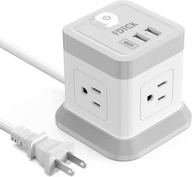 FDTEK 2-prong power strip with flat plug powering multiple devices without blocking outlets.