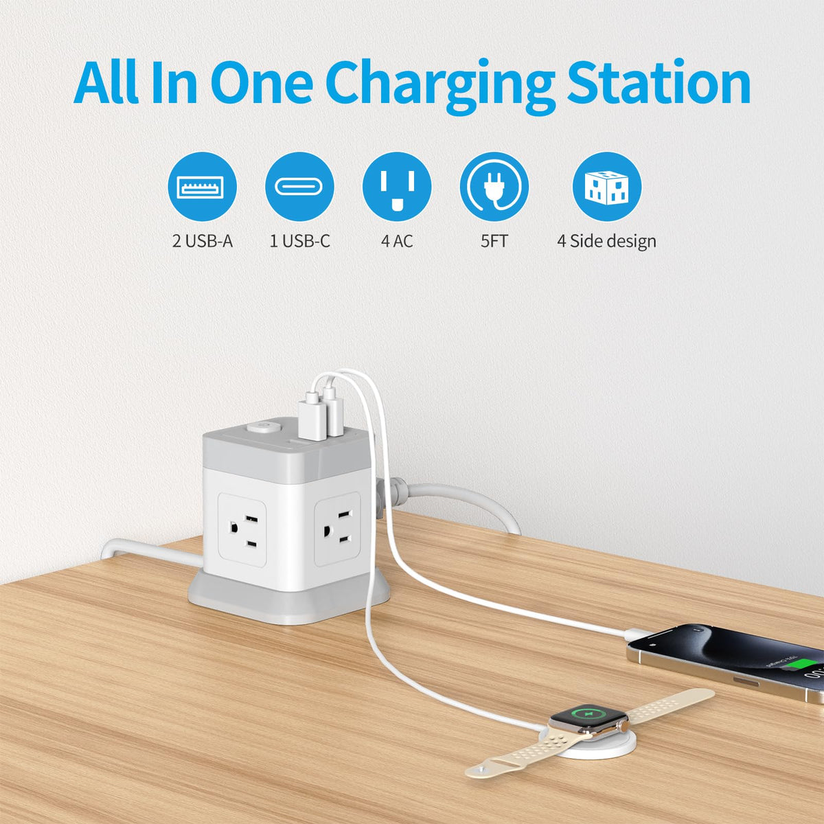 FDTEK compact cube power strip ideal for desk or travel.