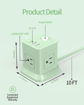 FDTEK Cube Power Strip with flat plug and 10 ft cord for tight spaces