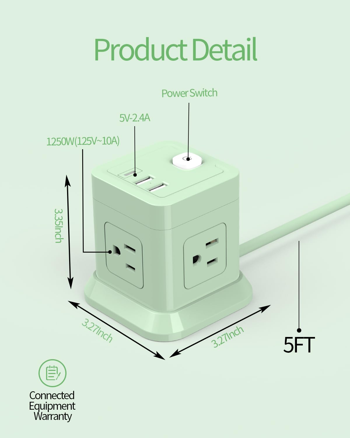 FDTEK Cube Power Strip with flat plug design saving space behind furniture