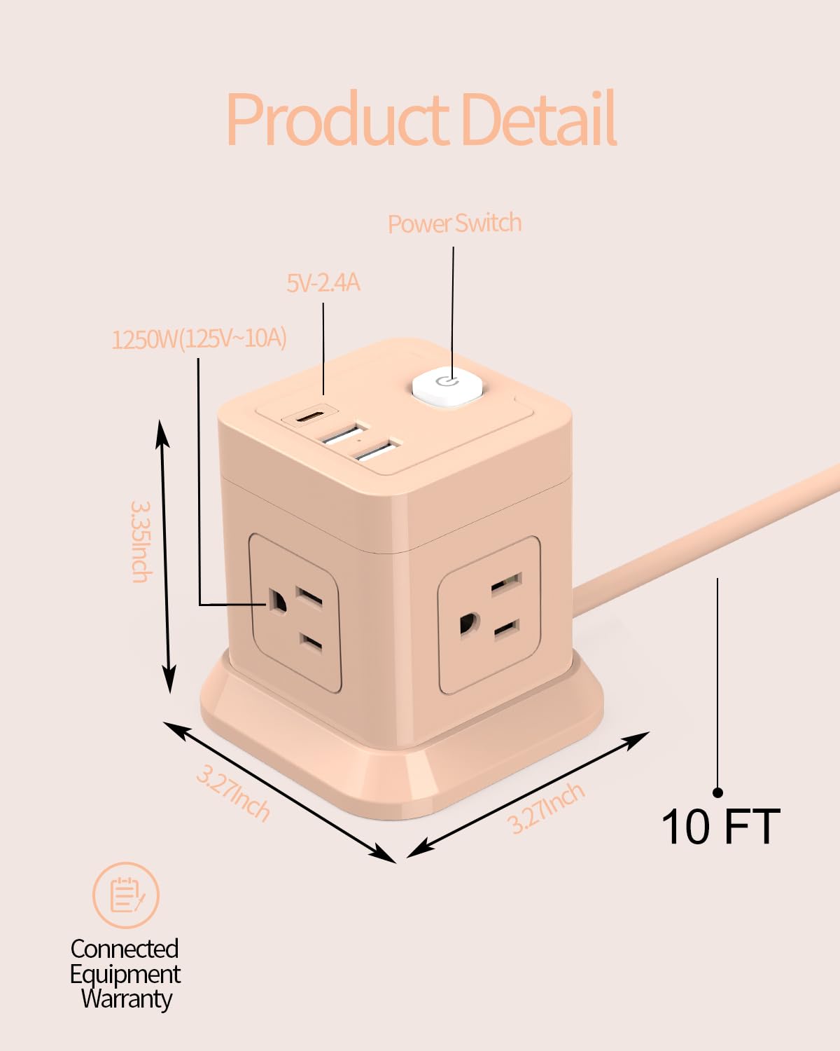 FDTEK Cube Power Strip flat plug designed to fit behind furniture.