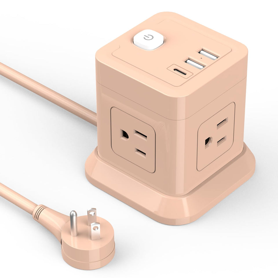 FDTEK Cube Power Strip with four outlets and three USB ports for organized charging