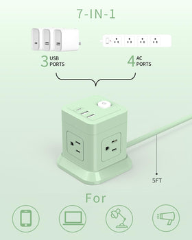 FDTEK Cube Power Strip showing USB ports and USB-C for fast device charging