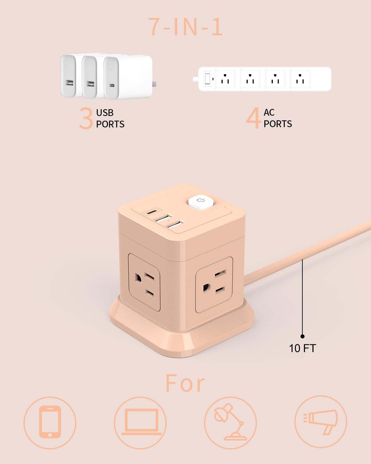 FDTEK Cube Power Strip showing three USB ports for smart charging devices.
