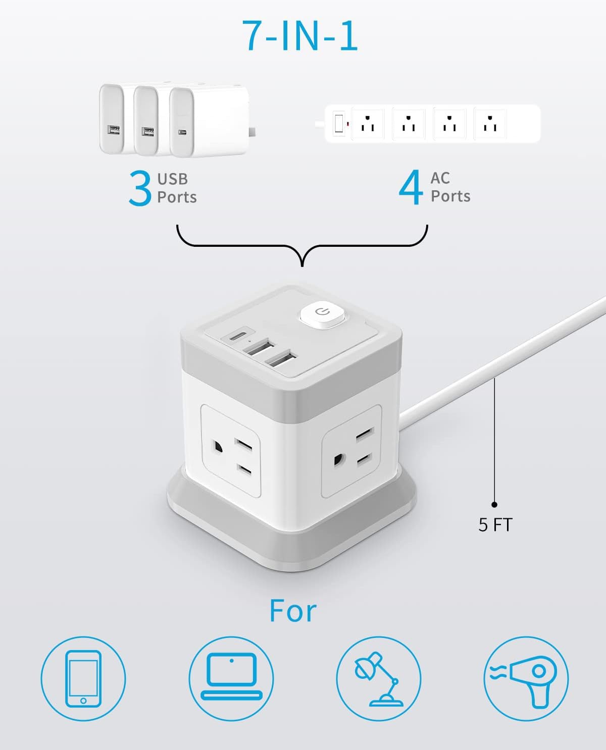 FDTEK power strip with four outlets and three USB ports for organized desktop charging.