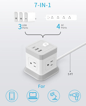 FDTEK power strip with four outlets and three USB ports for organized desktop charging.