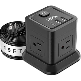 FDTEK power strip front angle showing outlets and compact footprint for clutter reduction