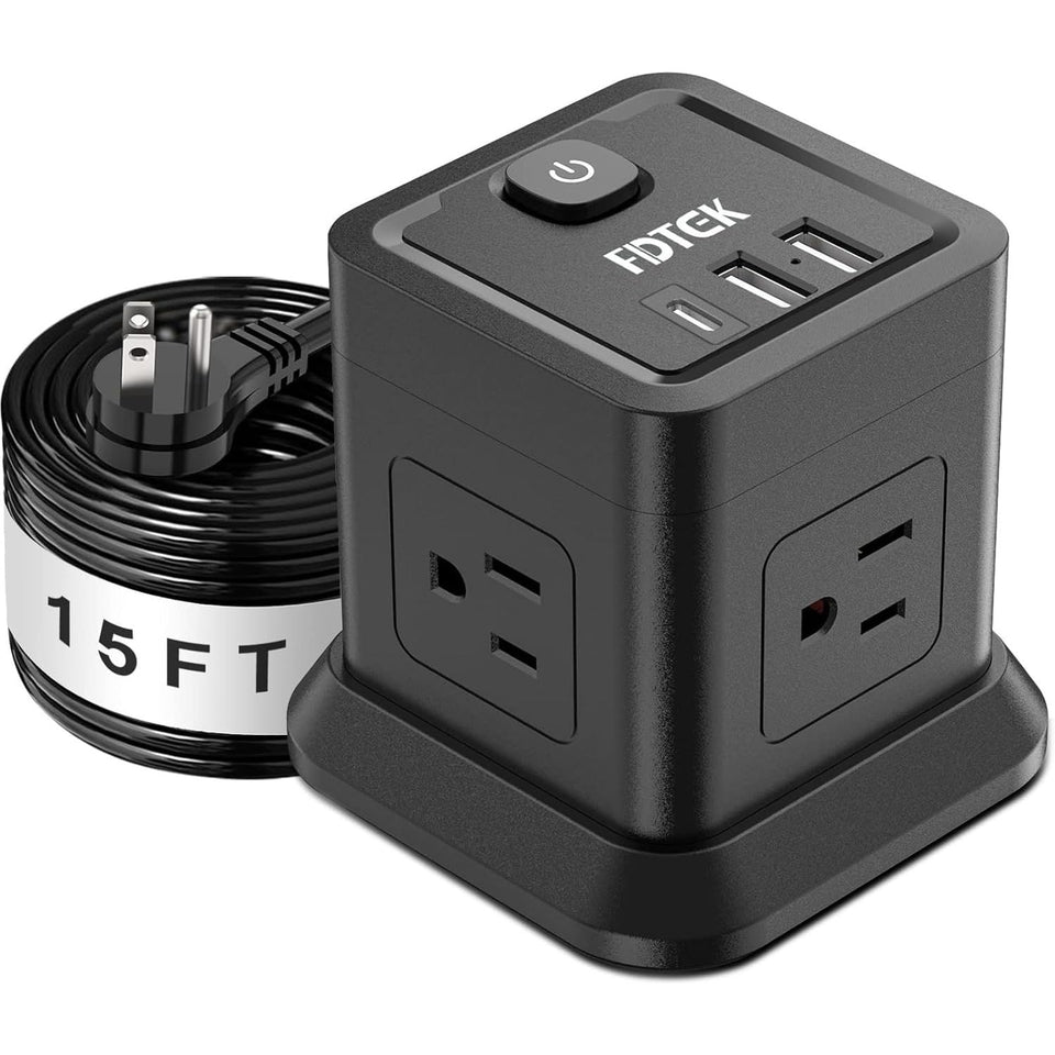 FDTEK power strip front angle showing outlets and compact footprint for clutter reduction