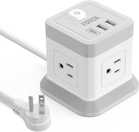 FDTEK Power Bar with USB shows four outlets and three USB ports for simultaneous charging.