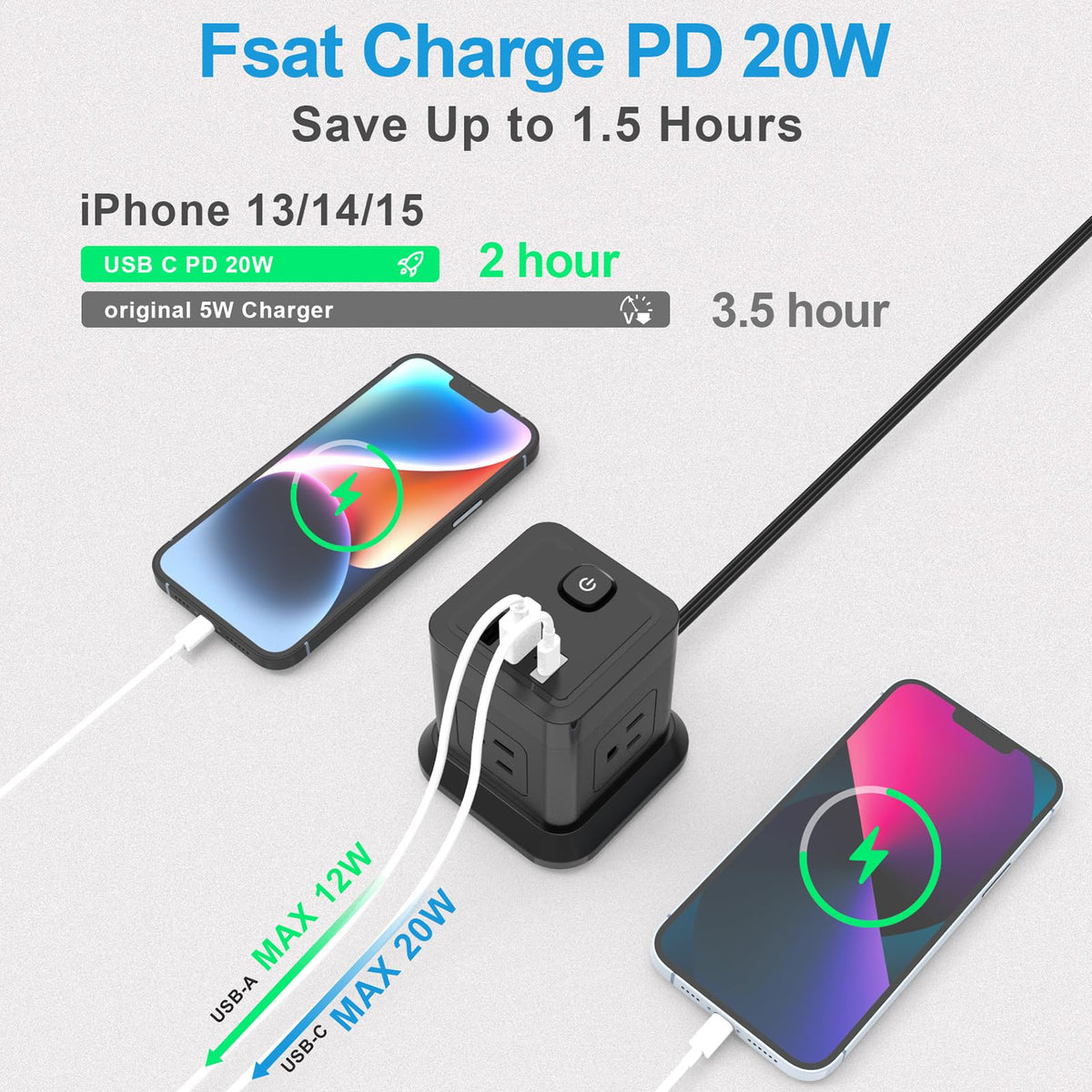 FDTEK Power Cube flat plug and 10 ft cord for flexible reach