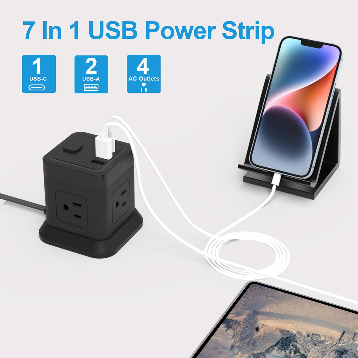 FDTEK Power Cube side view highlighting compact design fits behind furniture