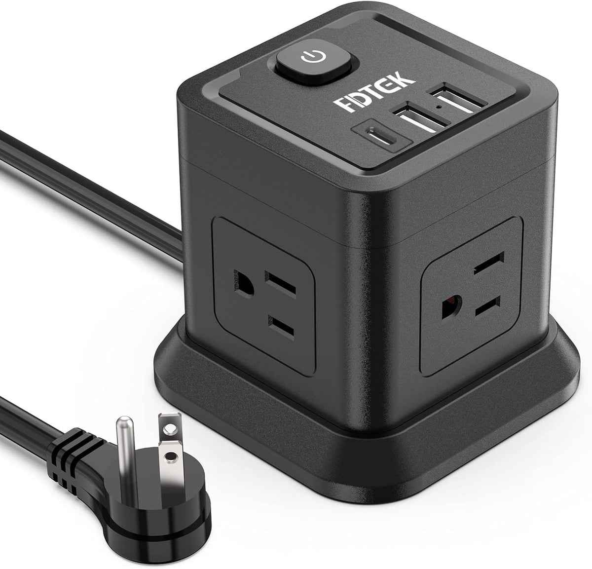 FDTEK power strip with four outlets and three USB ports for desk-wide charging